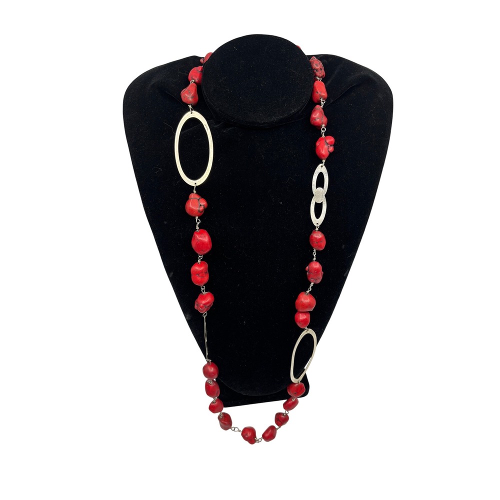 Red Howlite Tumbled Stone Long Statement Necklace Silver Tone Oval Links